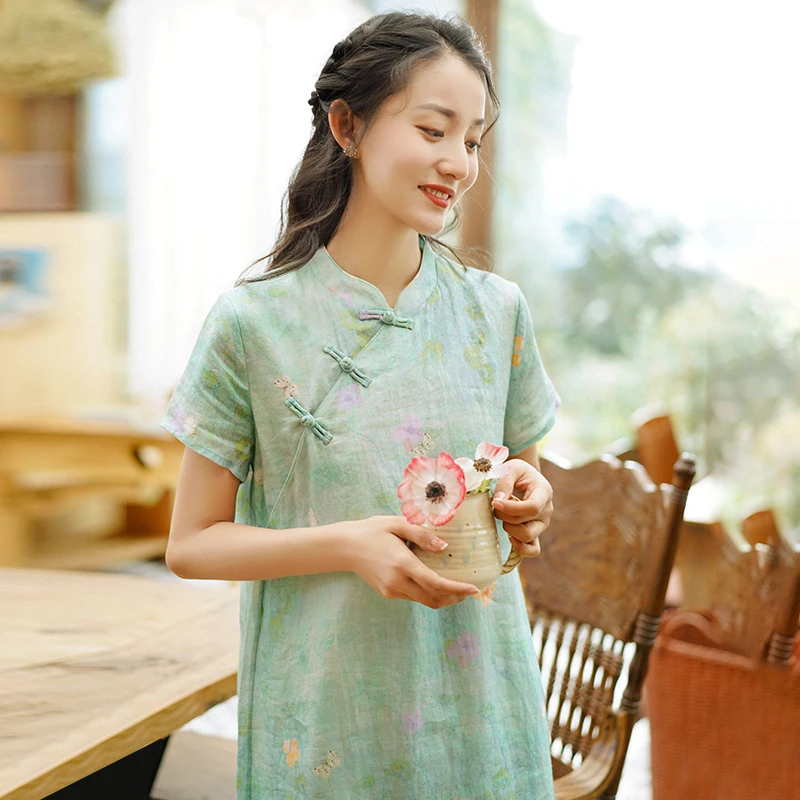 2022 Cotton and Linen Ladies Retro Printed Dress, Vertical Short-Sleeved Summer Improved Cheongsam, Traditional Ramie Dress