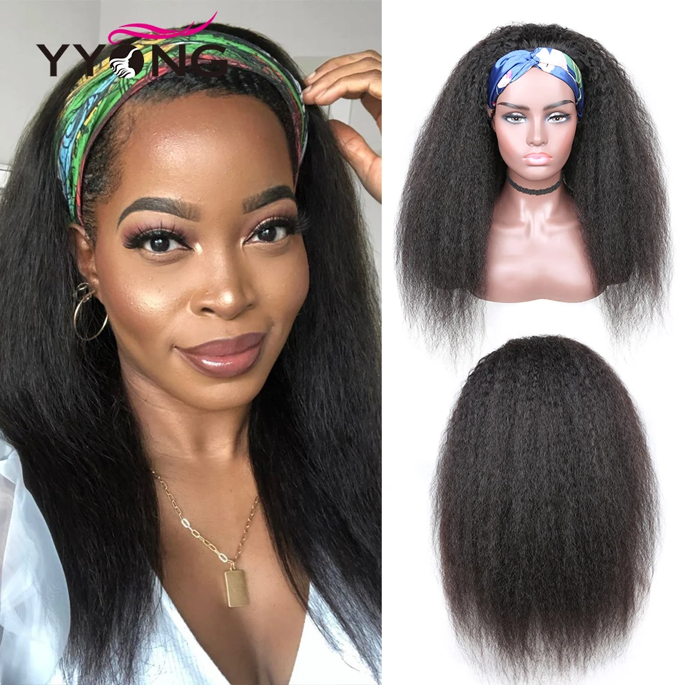 Yyong Yaki Rechte Hoofdband Menselijk Haar Pruiken Met Sjaal Kinky Rechte Machine Gemaakt Pruik Voor Vrouwen 180% Braziliaanse Remy Hair Pruik