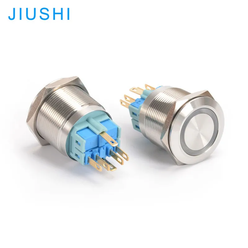 10pcs A25-11DT flat self lock metal push button switch 25mm 1NO 1NC 6pins stainless steel A25-11D reset with light