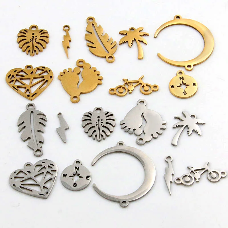 5Pcs 2 Color Mix Leaf Heart Feet Charm Stainless Steel Moon Bicycle Connector Open Bezel Pressed Frame Mold DIY Jewelry Making