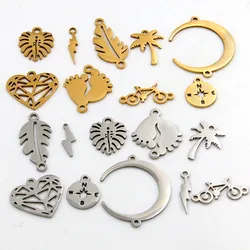 5Pcs 2 Color Mix Leaf Heart Feet Charm Stainless Steel Moon Bicycle Connector Open Bezel Pressed Frame Mold DIY Jewelry Making
