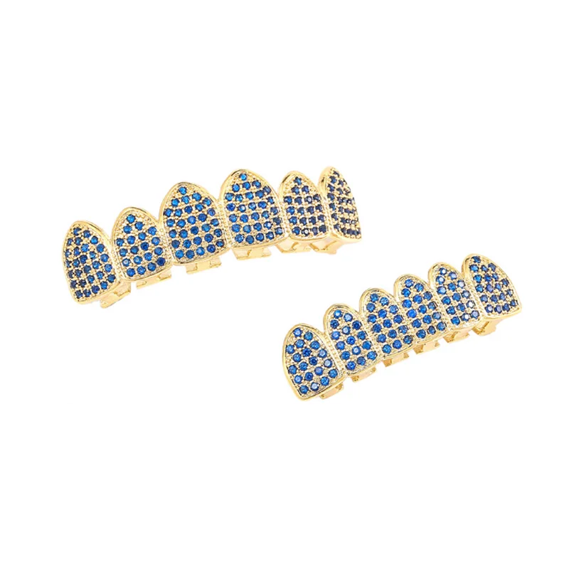 Full Cubic Zircon Blue Color Fangs Teeth Grillz Top Bottom Grills Mouth Punk Teeth Caps Cosplay Party Rapper Hip Hop Jewelry