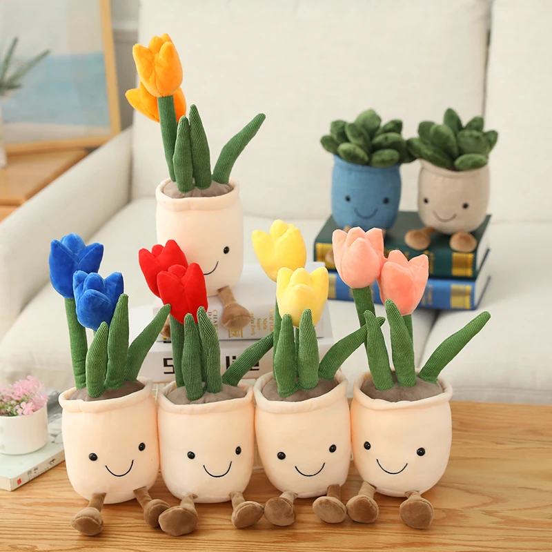 Lifelike Tulip&Succulent Plants Plush Stuffed Toys Soft Bookshelf Decor Doll Creative Potted Flowers Pillow Home Decor Christmas