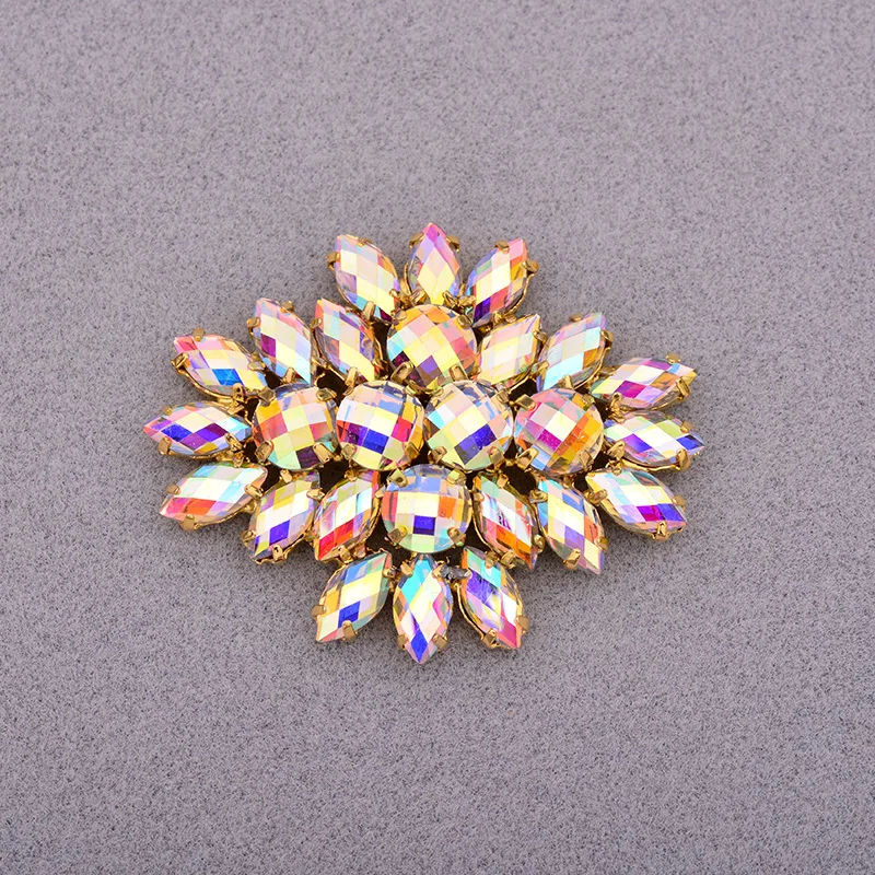 JUNAO 2pc 45*59mm Blue AB Large Flower Glass Claw Rhinestones Applique Sewn Strass Crystal Stones For Wedding Dress Crafts