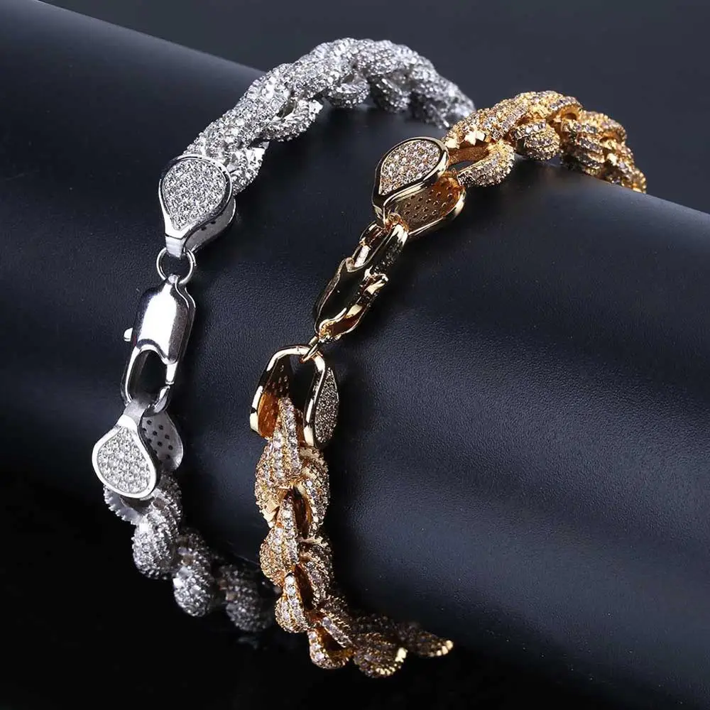 

Full AAA+ CZ Zircon Paved Ice Out Twist Rope Link Chain Bracelets for Men Bling Rapper Jewelry Gold Silver Color