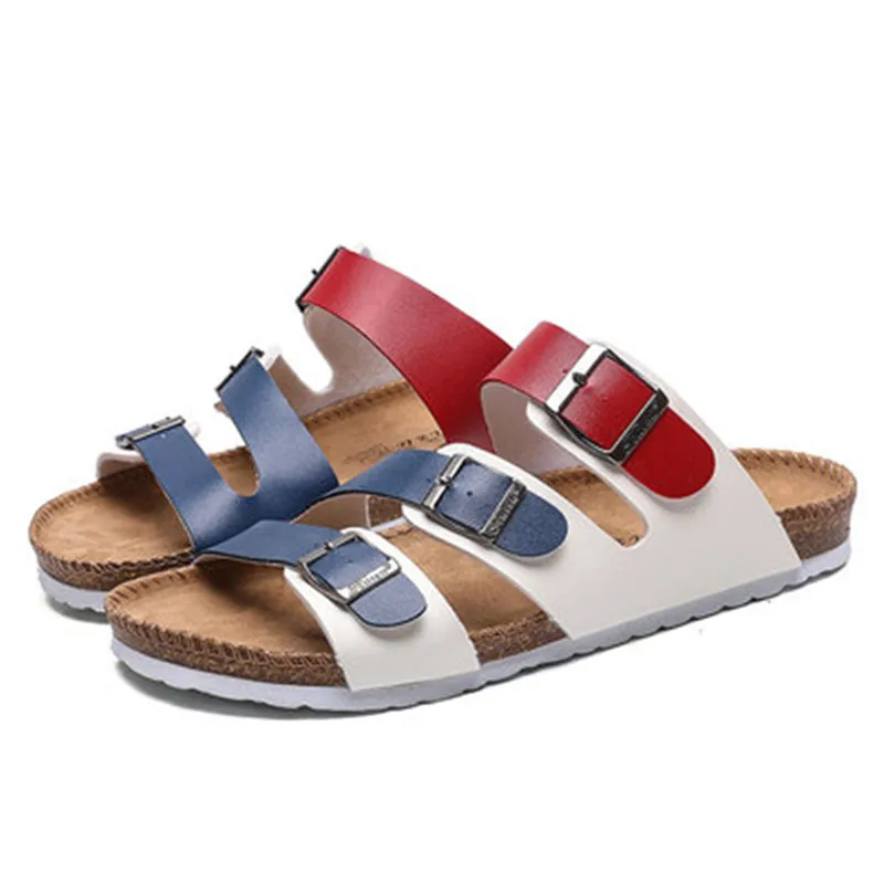 2024 New Summer Fashion Beach Cork Slippers Men Casual Buckle Leather Outside Slip on Beach Slides Shoes Black White Red Blue 46