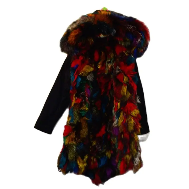 

Mhnkro Mixed Color Colorful Dye Fox Fur Parka Long MR MRS Winter Black Coat Family Wear Plus Size XS-4XL