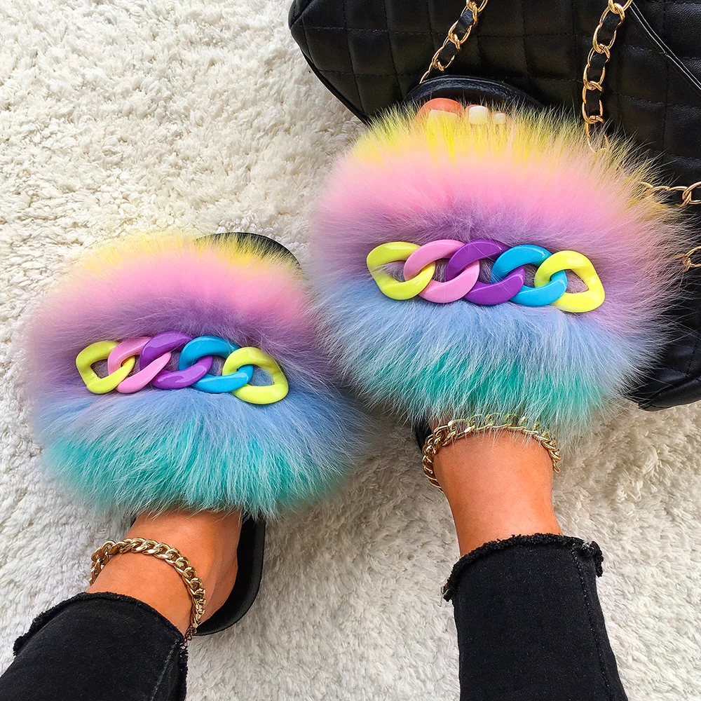 Real Fox Fur Slippers Fluffy Flip Flops Shiny Chain Furry Fur Slides Plush House Slippers Women Beach Flat Sandals Summer Shoes