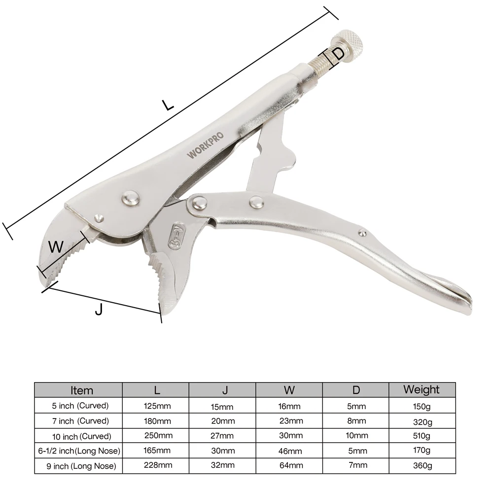 WORKPRO Locking Pliers Set CRV Lock Pliers Curved Jaw Pliers Straight Long Nose Pliers Multi-function Welding Tools