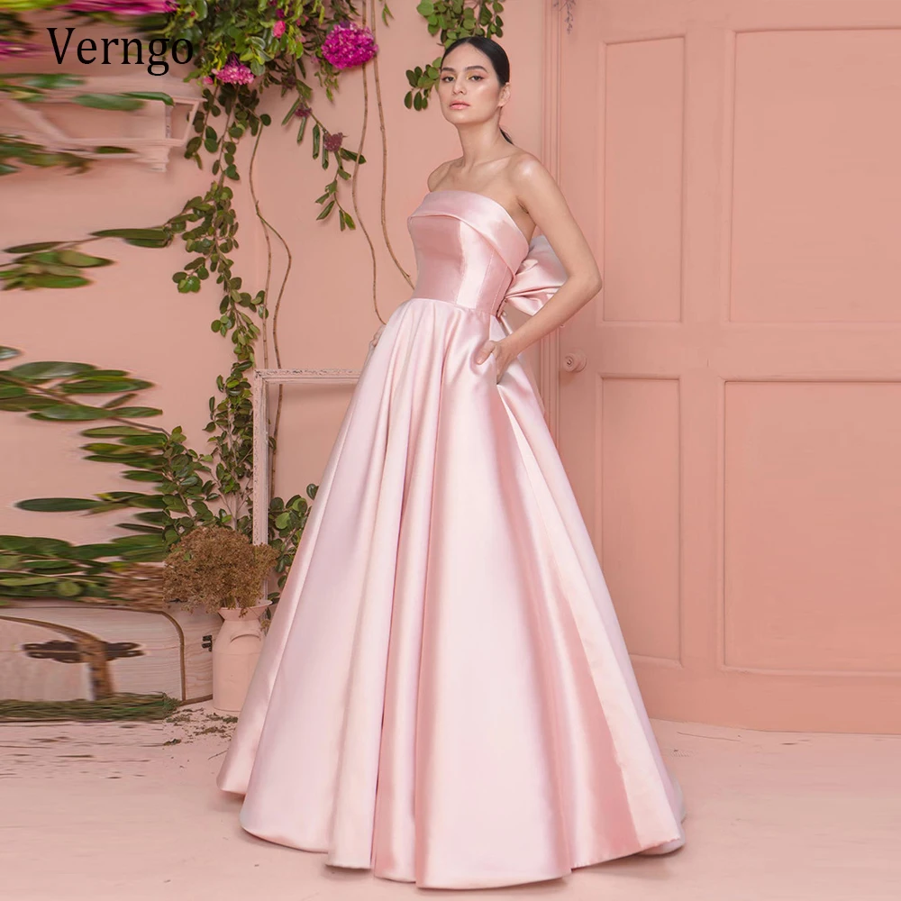 

Verngo Simple Pearls Pink Satin Evening Dresses 2021 Formal Party Gowns Strapless Big Bow Back Long Bridesmaid Prom Dress