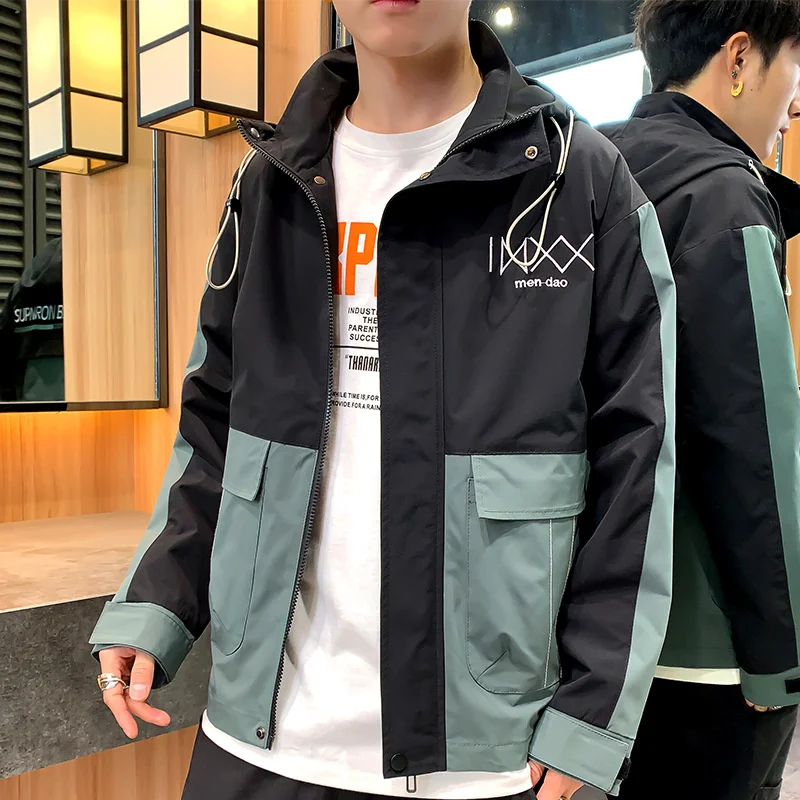 

Men's New spring Autumn Fashion Simplicity Tooling Jacket Hooded Casual Soft Long Sleeve Student Color Matching All-match Coat