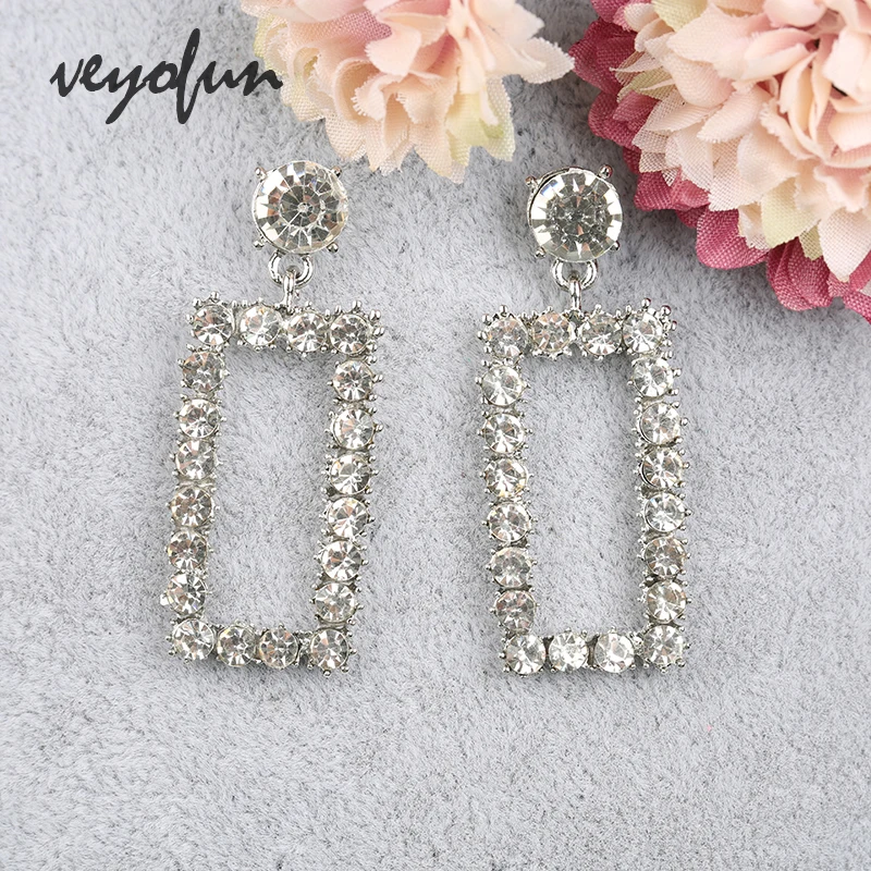 Veyofun White Rhinestone Drop Earrings Hollow out Square Wedding Dangle Earrings for Women Fashion Jewelry Gift