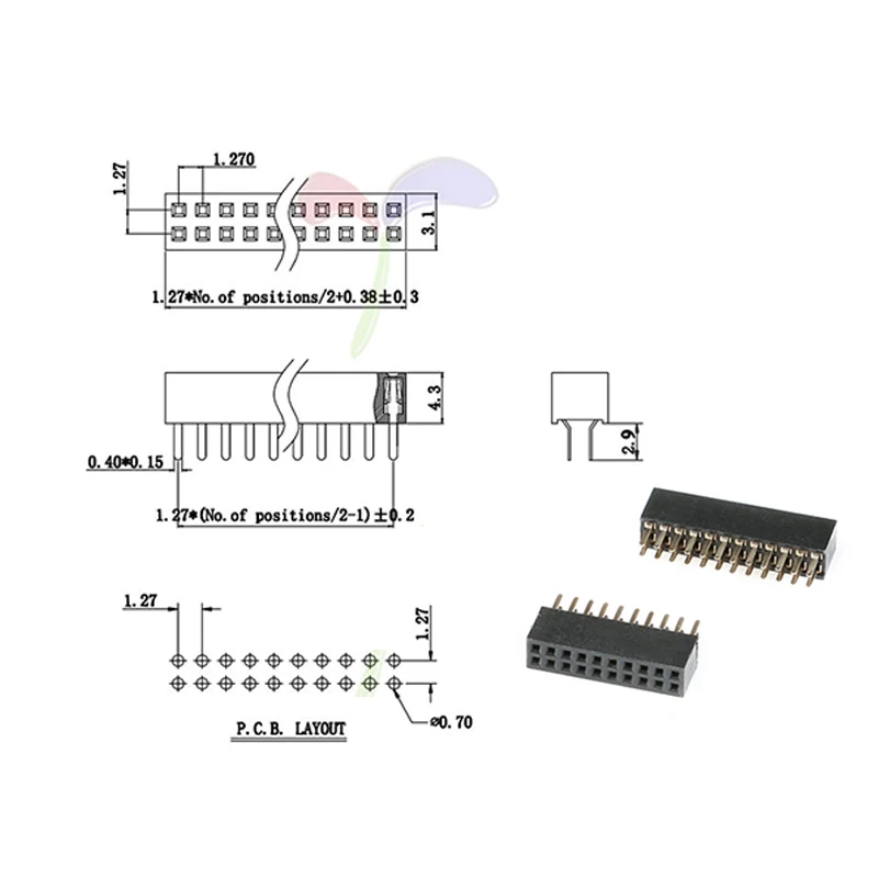 10PCS 2*2/3/4/5/6/7/8/10/12/16/20/40 Pin Double row Straight Pin Female Header 1.27MM Pitch Strip Connector Socket 8/10/16/20/40