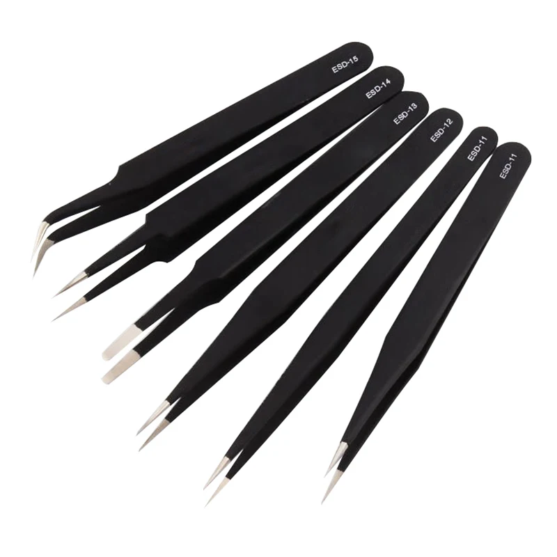 Pinzas antiestáticas de precisión de acero inoxidable, herramientas de reparación para electrónica, Punta curvada recta, ESD 10/15, 1,5mm