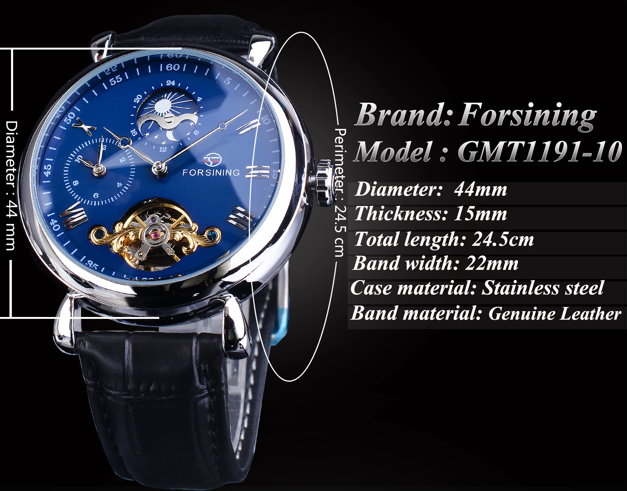 Forsining Dual Time Zone Design Blue Dial Leather Band Automatic Watch New Tourbillon Waterproof Moon Phase Mechanical Watch