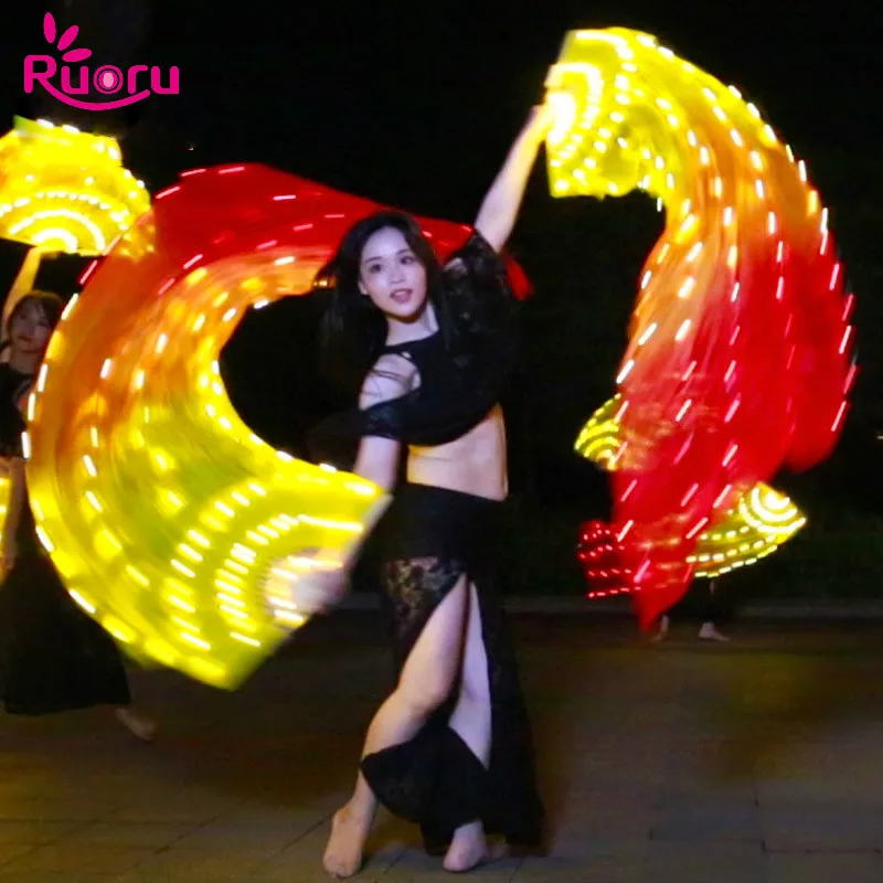 Ruoru Belly Dance 100% Silk Fan Veils LED Fans Light up Shiny Carnival LED Fans Stage Performance Props Accessories Costume