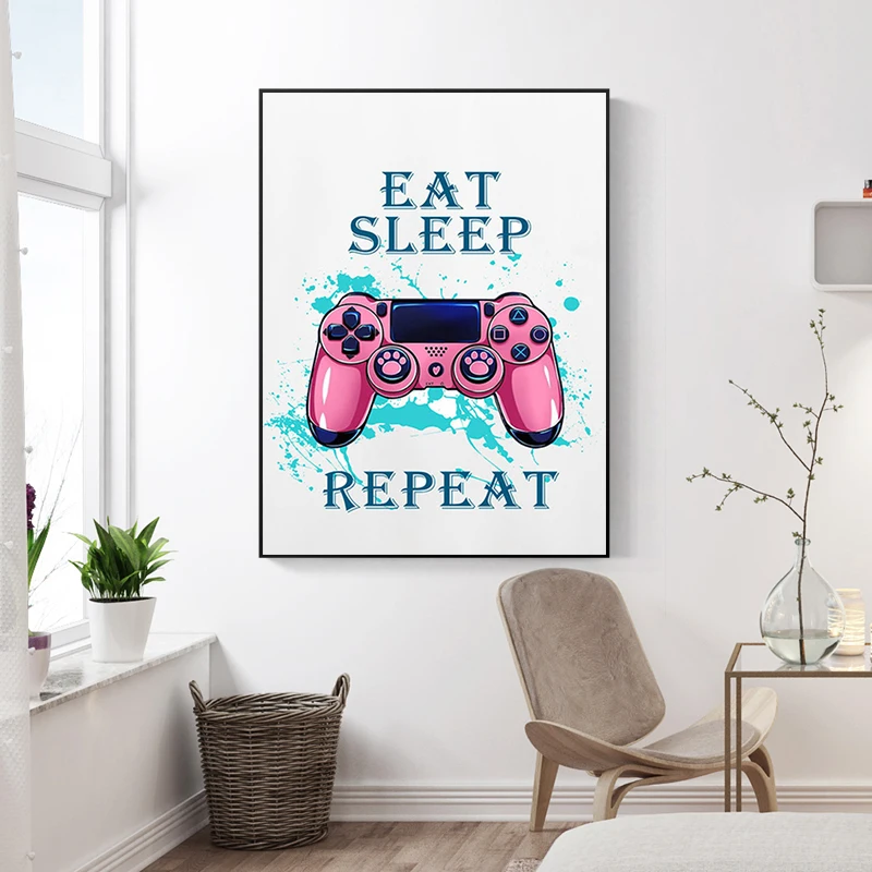 Game eat sleep repeat canvas painting gamepad wall art posters and prints games cartoon pictures gamer boys children room decora