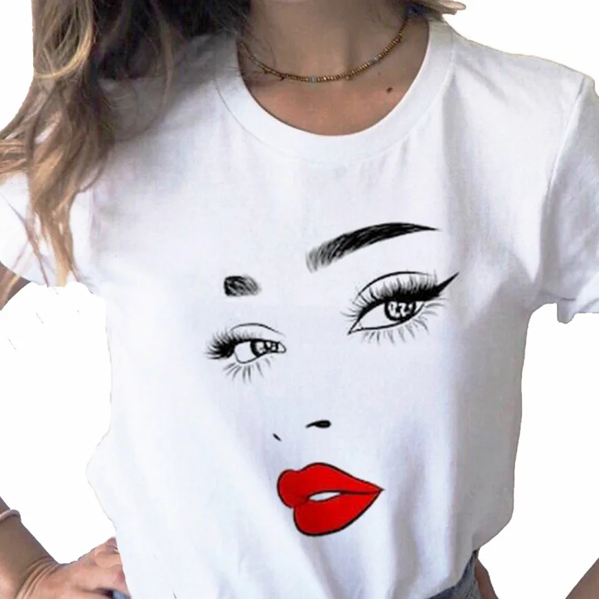 T-shirt da donna carina e carina con stampa di ciglia e occhi T-shirt casual o-collo camicia bianca T-shirt da donna manica corta, Drop Ship