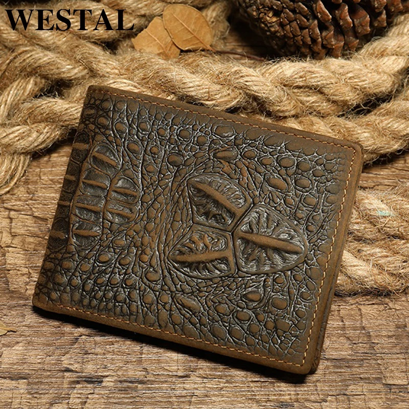 

WESTAL men's wallet genuine leather purse for men vingate crocodile pattern wallet short coin purse wallet clutch money bag 7001