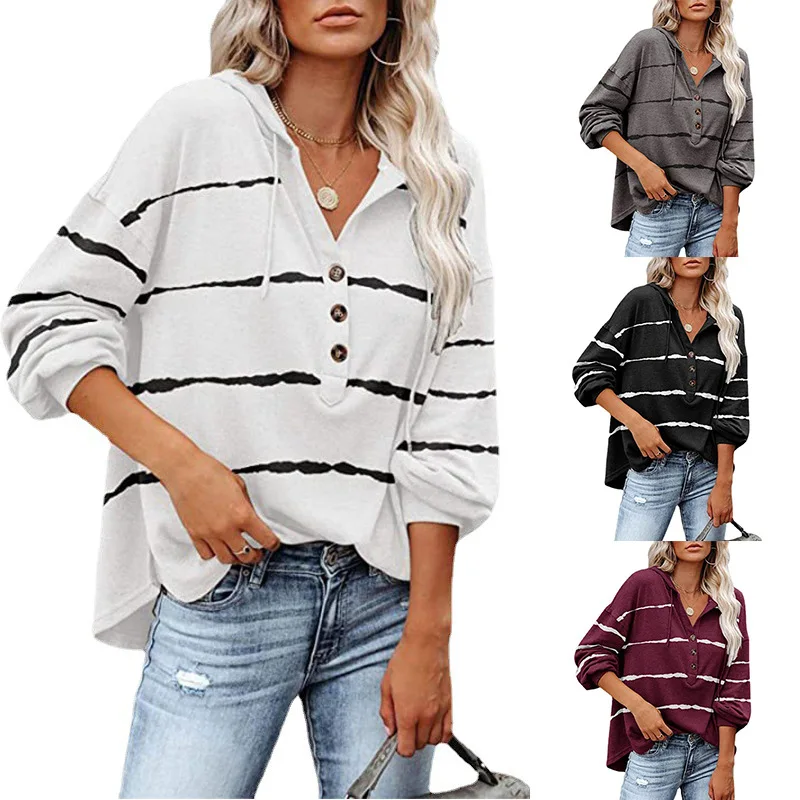 

New Ladies Sweater Autumn and Winter Stripe Style V-Neck Buttoned Casual Hooded Top Women's Clothing Plus Size Multicolor Blouse