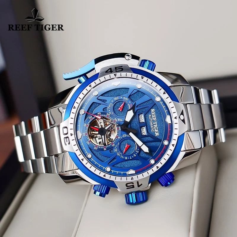 Reef Tiger/RT Men Sport Mechanical Watch Complicated Blue Dial With Year Month Week Calendar Steel Bracelet Watches