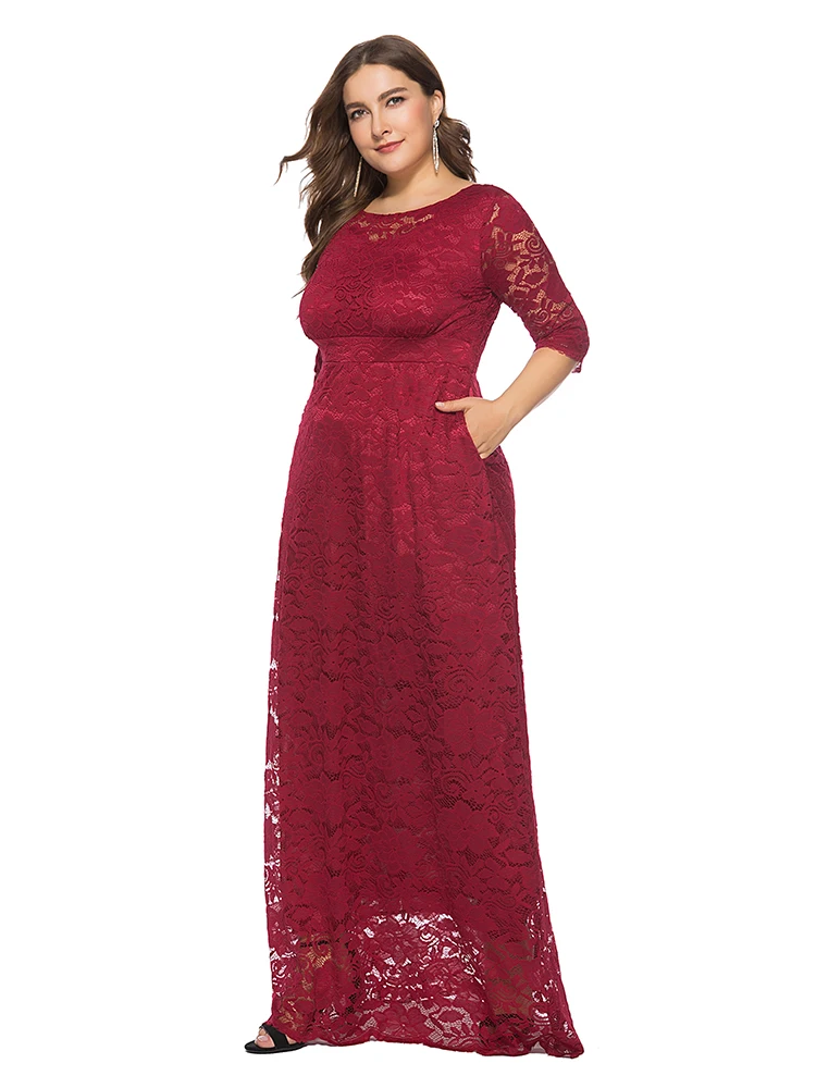 Plus Size 6xl O-hals Kant Avondjurk Uitgeholde Prom Gown Hebben Zakken Formele Jurk Half Mouw Gewaad Xucthhc 2020 nieuwe Jurk