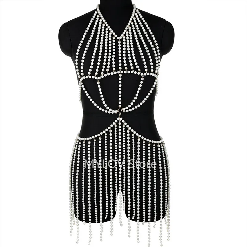 

P0259 Women Pearls Full Body Waist Chain Necklace Jewelry Harness Sexy Accessories Women Fashion Full Female Body Chains Jewelry