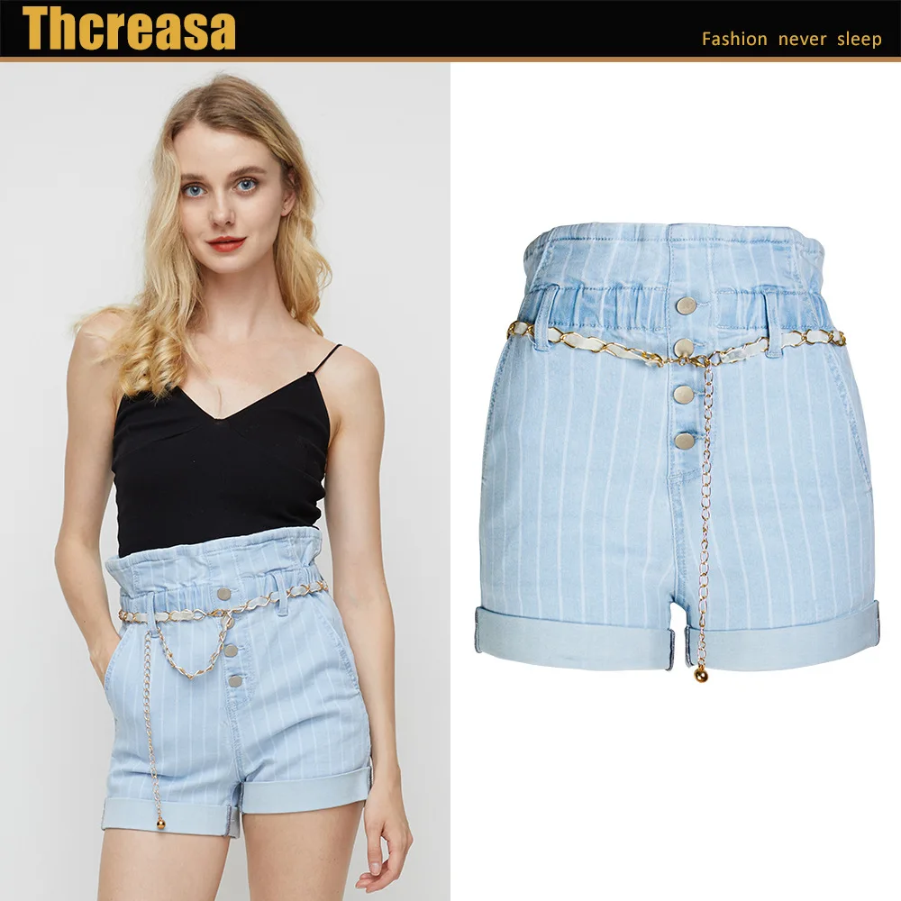 

Summer New Europe and America Simple STRIPE ELASTIC WAIST Show Thin Jeans Shorts with Belt Women's Shorts