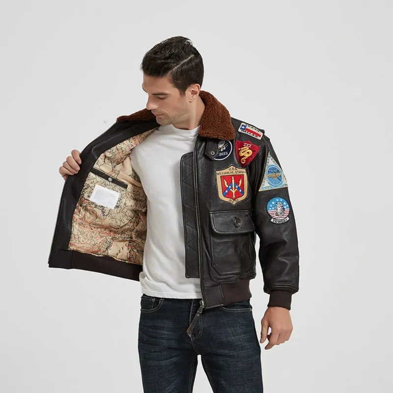 2022 Marrón Oscuro TOP GUN Chaqueta de Cuero de Piloto Hombres Cuello de Lana Genuino Grueso Natural Invierno Estilo Militar Abrigo de Aviación