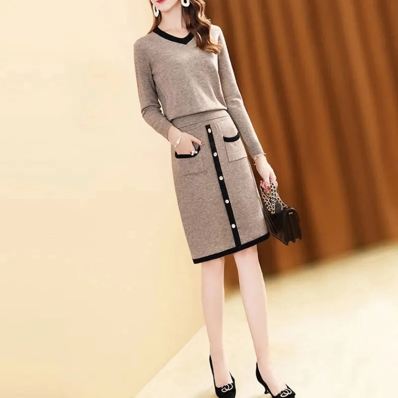 Elegant Slim Knitted Skirt 2 Piece Set Long Sleeve Pullover And Straight Skirts Suit Women 2023 Office Sweater Faldas Outfit