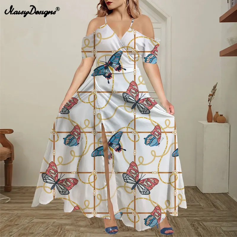 

Noisydesigns Butterfly Floral Women Cold Shoulder Maxi Boho Split Dress Ruffles Vestidos Luxury Fashion Robe Dropship