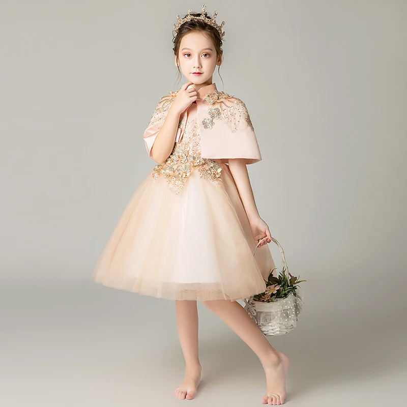 

Champagne Princess Dresses With Shawl For Birthday Party Wedding Beaded Appliques Ball Gown Formal Girl First Communion Dress