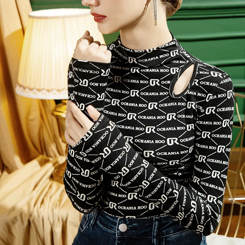 Women  Cotton T-shirt Turtleneck Strip patten Lady Tees Long Sleeve Autumn Winter Women's clothing All match Female T-shirts