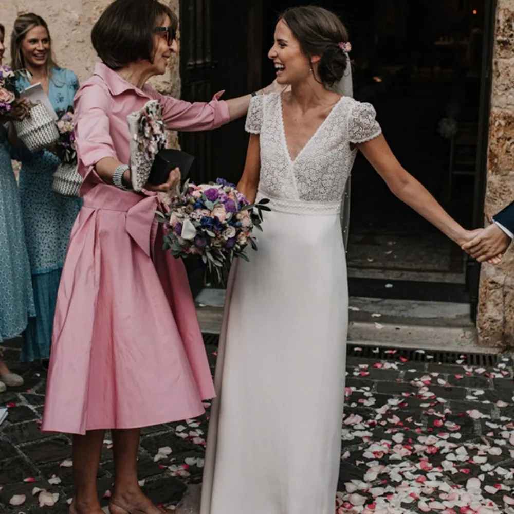 Vestido de novia bohemio personalizado de gasa con espalda descubierta, Blanco Simple, bohemio, manga corta, línea A, vestidos de novia de playa, vestido de novia