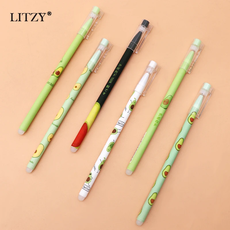 27Pcs/Lot Avocado Erasable Gel Pen Blue Ink 0.5mm Washable Handle Kawaii Stationery Pens Refill Rods for School Writing Tools