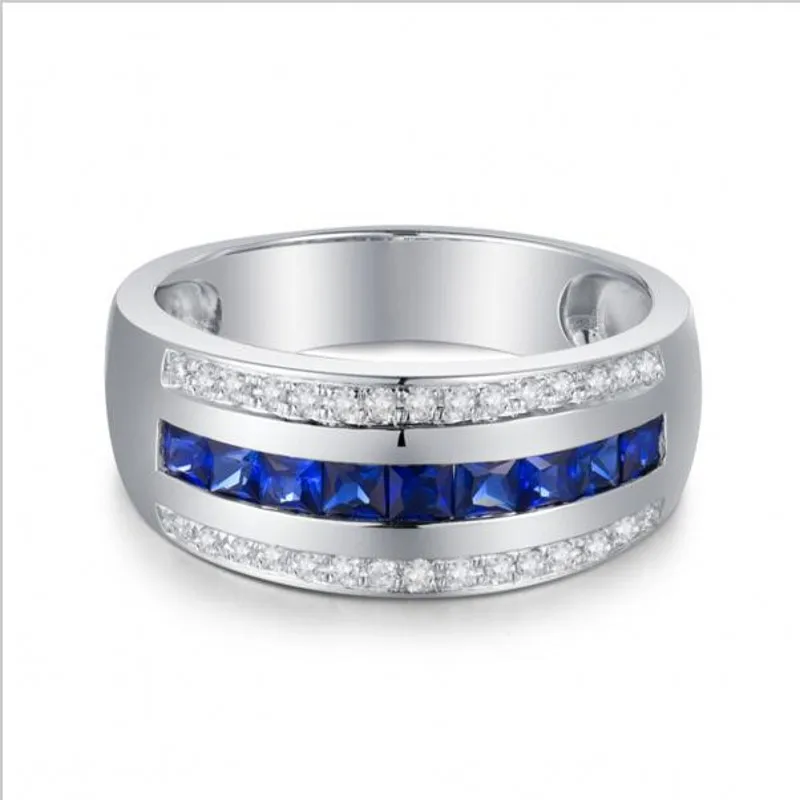 Men\'s Deluxe 10K white Gold Princess-cut Blue Sapphire Crystal gemstone Band ring Wedding Rings for Men Women jewelry
