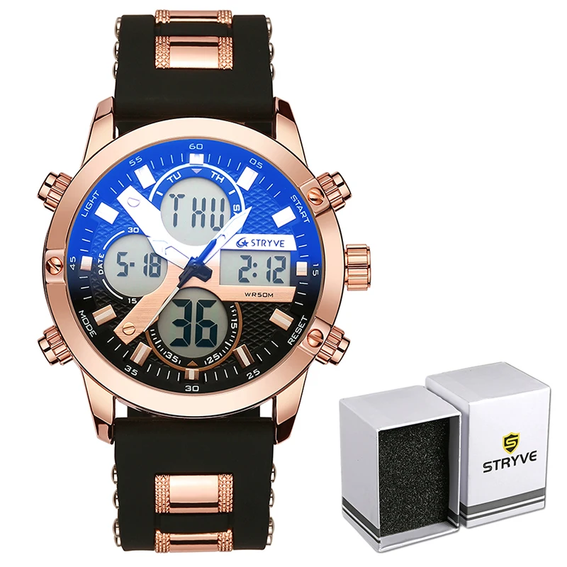 STRYVE-Relojes de pulsera deportivos para hombre, pulsera de cuarzo Digital con correa de Metal y goma militar, resistente al agua, con fecha y