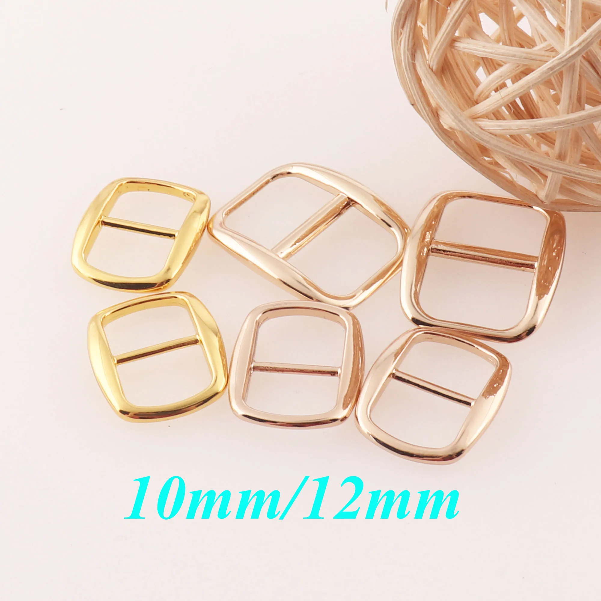 10mm/12MM Pale Gold/Gold Slider Buckles,16 Pcs Square Buckles Shoe Bag Buckles, Luggage Straps,Fasteners Belt Buckle -1/2