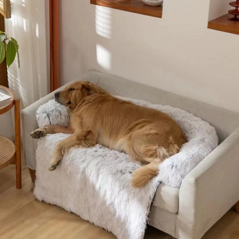 Dog Sofa Large  Bed With Soft Long Plush Zipper Removable Washable Cover Warm Pet Kennel Winter Cat Beds Deep Sleep Blanket Mats