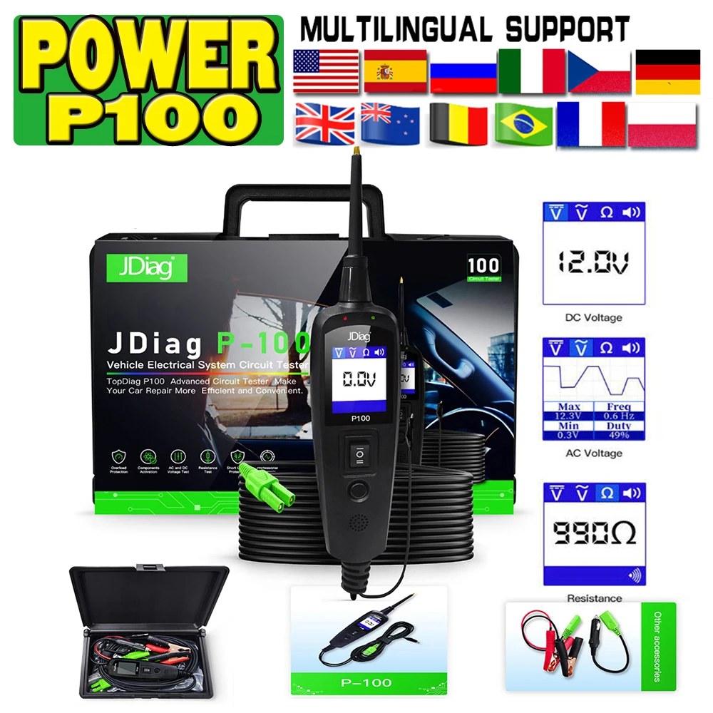 2023 Jdiag Power Test Power Probe P100 Electric Circuit Tester Automotive Diagnostic-Tool P100 for Cars and Trucks Same as PT150