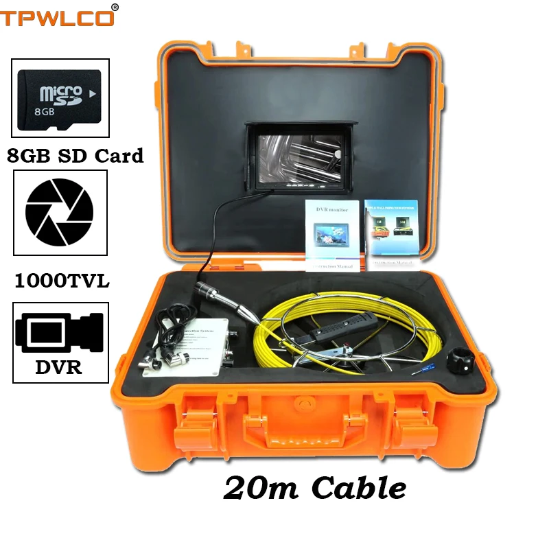 

23mm Waterproof Endoscope Camera 20m Cable 7" Monitor Sewer Equipment Industrial Inspection Drain System 8GB SD Card With DVR