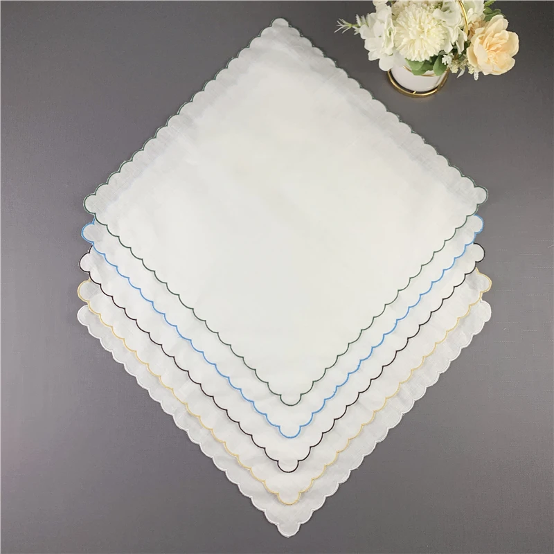 Set of 12 Fashion white Linen Dinner Napkins/Table Napkins with Scalloped Edges Tea Napkins 40*40 CM