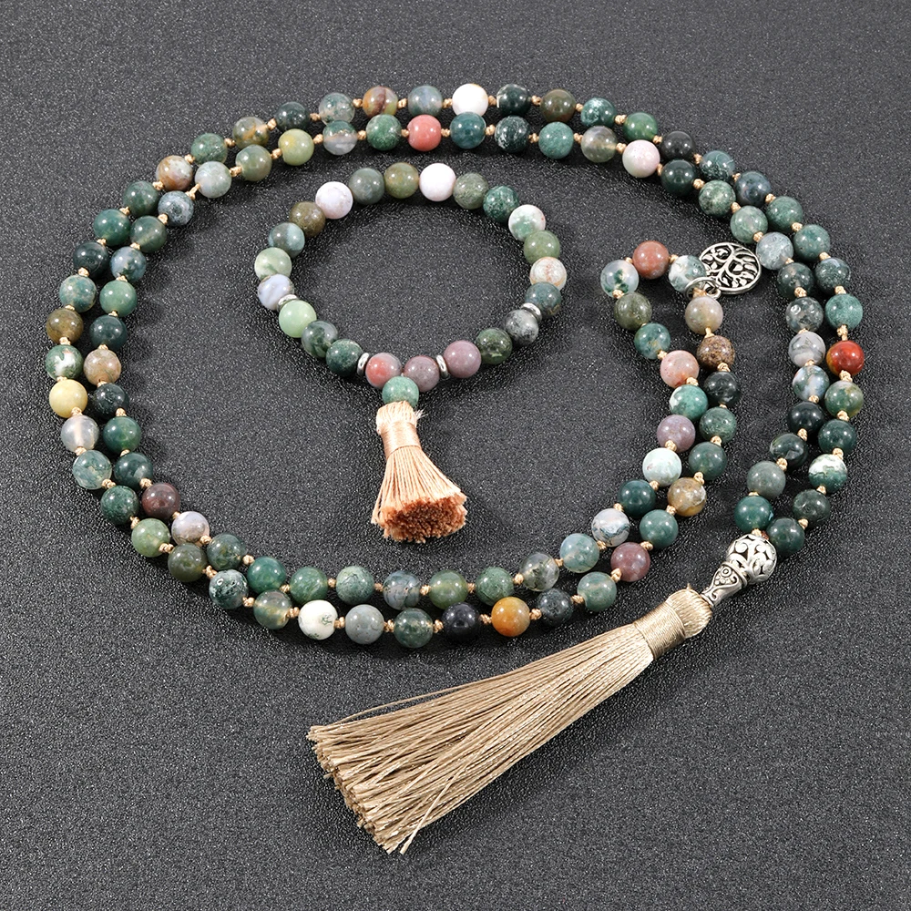 

OAIITE 8mm Natural India Agate Necklace Handmade 108 Mala Beaded Knotted Necklace Bracelet Meditation Reiki Buddhist Jewelry Set