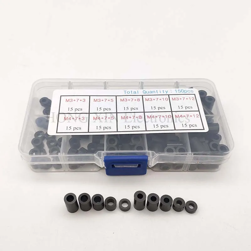 150pcs/set M3 M4 Standoff ABS Spacer Plastic Rround Spacer Black Non-Threaded Round Hollow Standoff