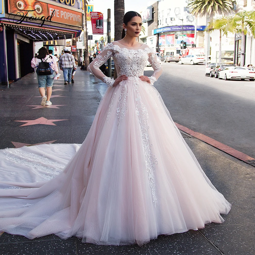 

Traugel Vestidos De Novia Luxury long Sleeve Lace Wedding Dresses Sexy Illusion Applique Cathedral Train A Line Bridal Gown