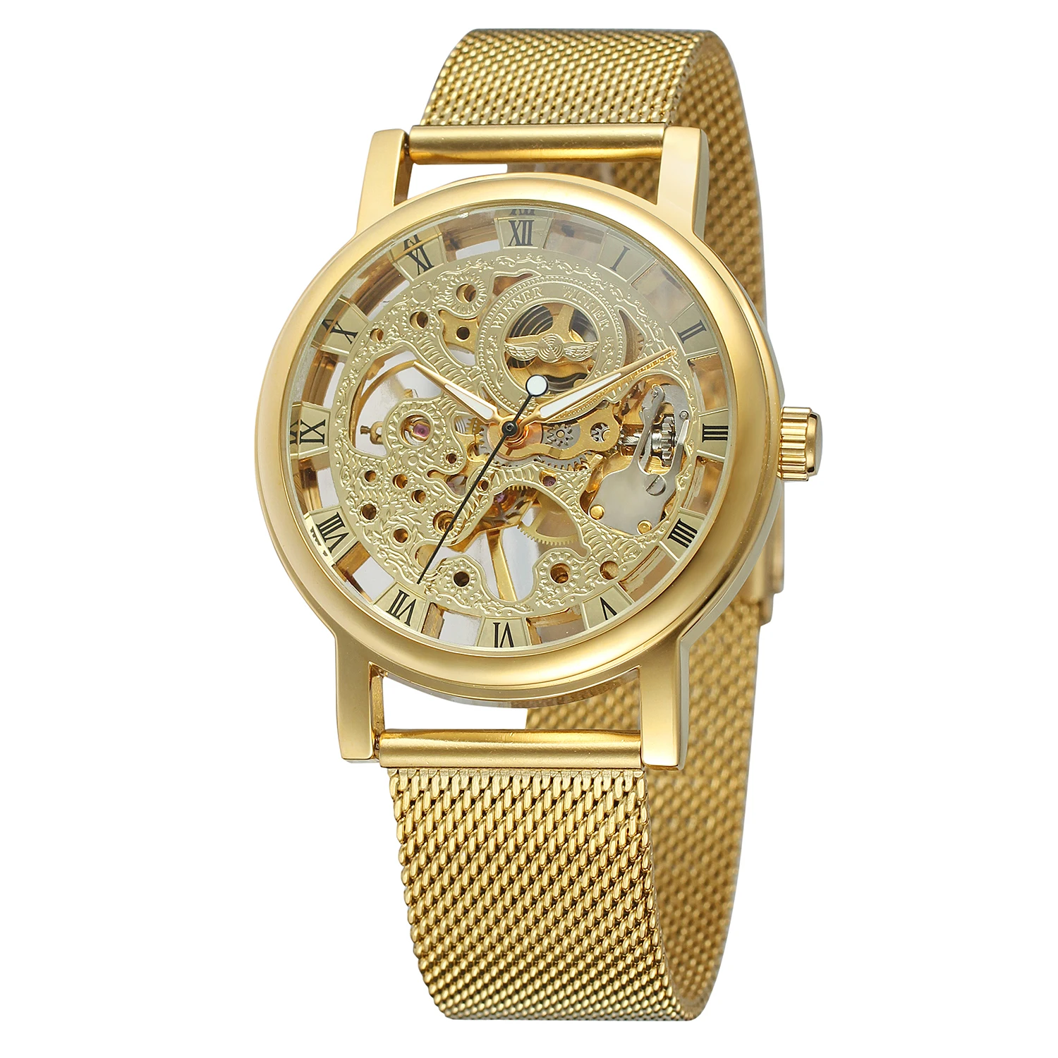 

FORSINING WATCH Trendy minimalist golden Roman numerals dial, luxurious low-key men's mesh with wrist mechanical watch