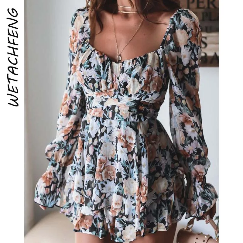 

Fashion France Romper Shorts Floral Print Bohemian Ruffles Long Sleeve Mini Dress One Piece Playsuits 2021 Sexy Women Jumpsuits