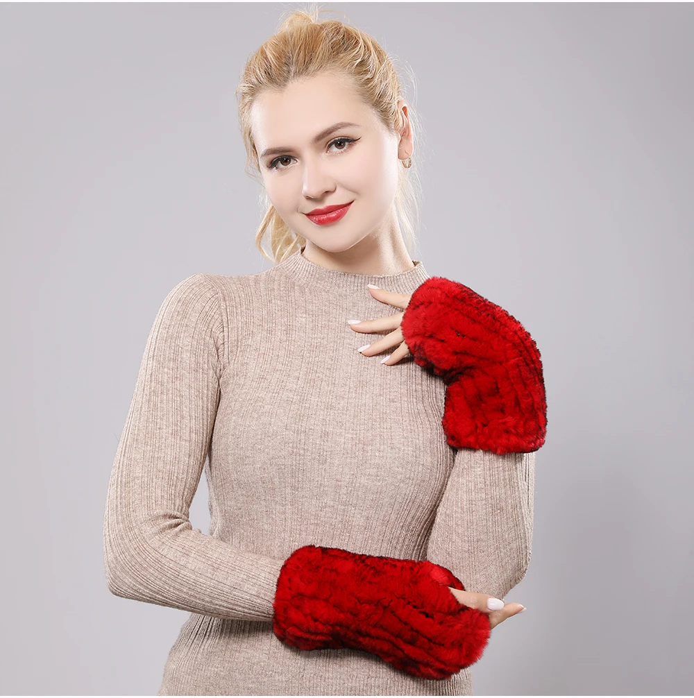 New Women 100% Real Genuine Knitted Rex Rabbit Fur Mittens Winter Warm Lady Real Fur Fingerless Gloves Handmade Knit Fur Mitten
