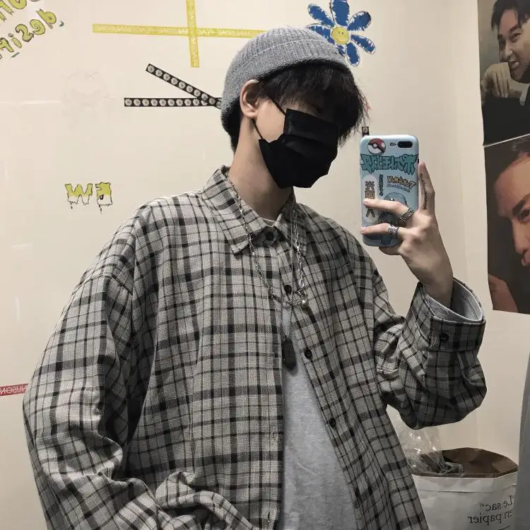 Ootdstudio Korean ins versatile Plaid loose oversize long sleeve shirt for men and camisa masculina gray shirts 2021