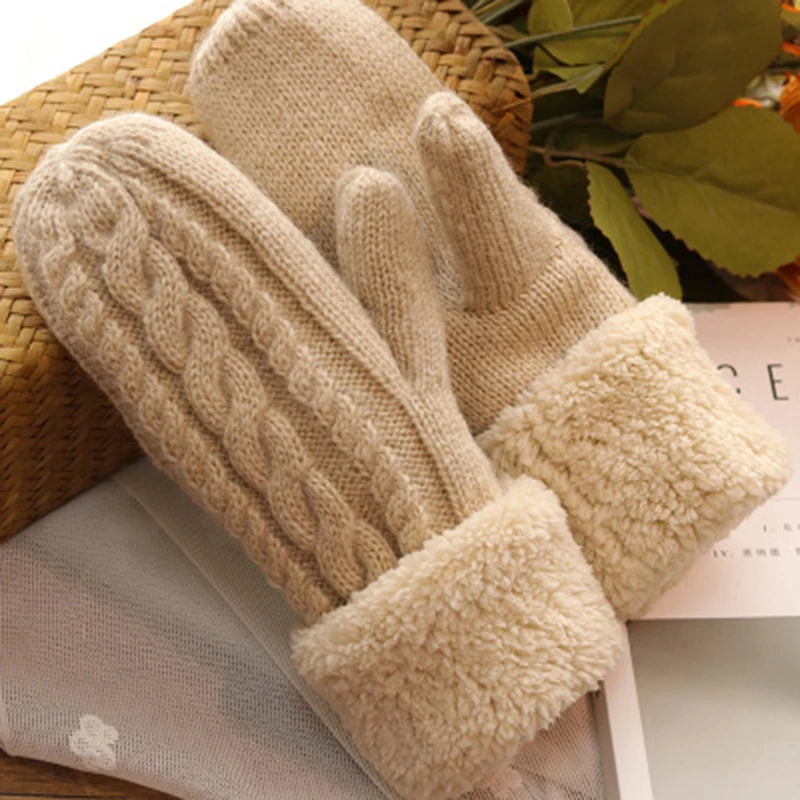 Fashion Women Twist Flowers Wool Knit MittensUnisex Double Thicken Plus Velvet Full Finger Cashmere Warm Driving Mittens L45